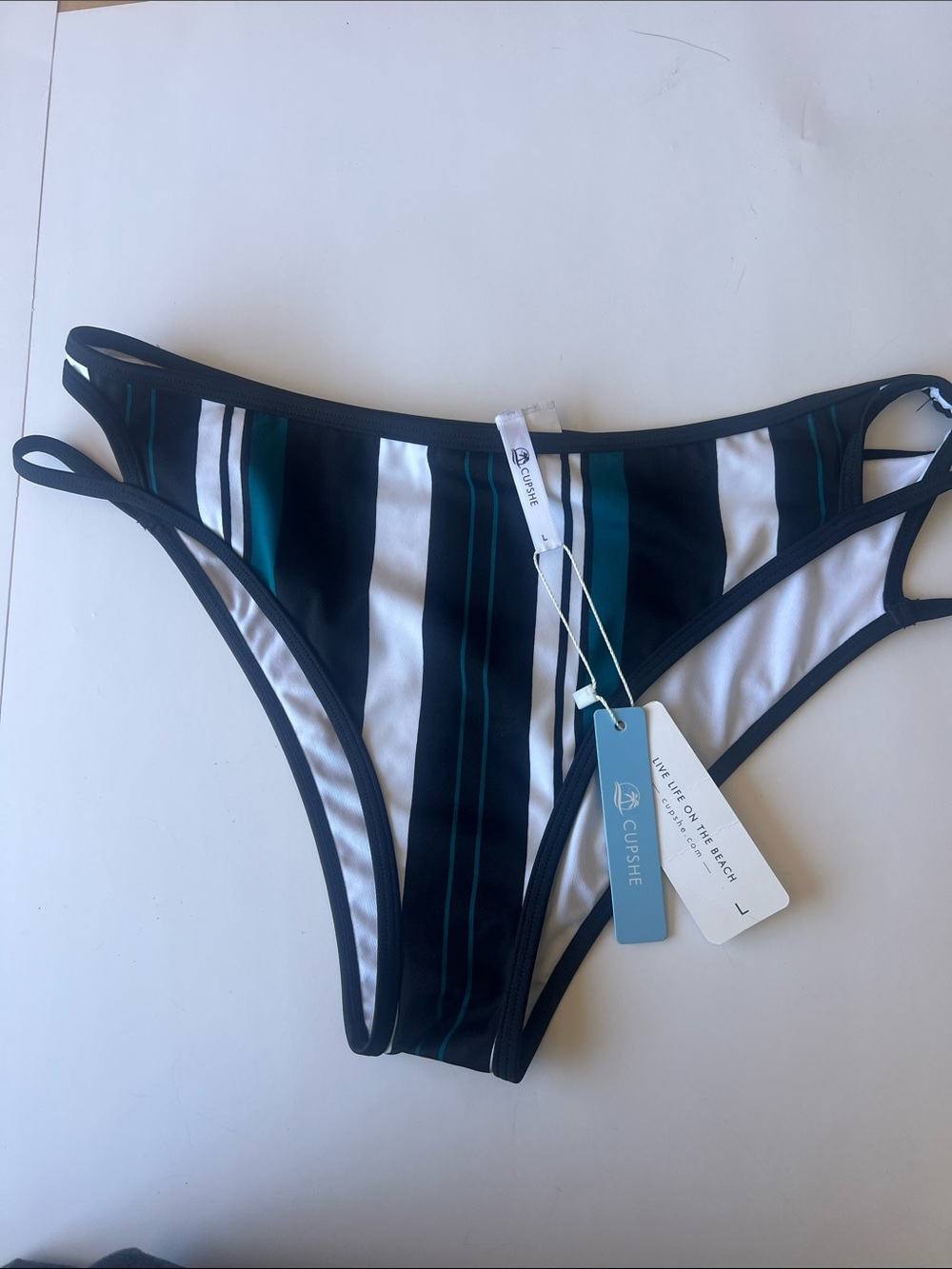 Cupshe Black, White & Teal Striped Bikini Bottom